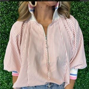 She + Sky Pink & White Striped Zip Puff-Sleeve Sweatshirt